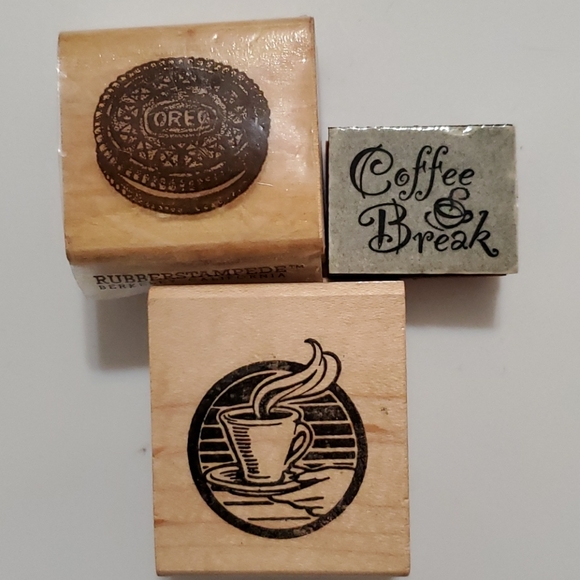 3 rubber stamps Oreo cookies 'coffee break' words steaming mug Rubber Stampede - Picture 1 of 7